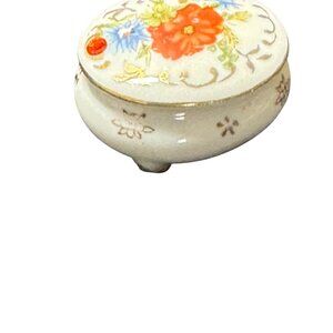 Vintage Japanese Porcelain Footed Trinket Box With Floral Design & Gem Accent